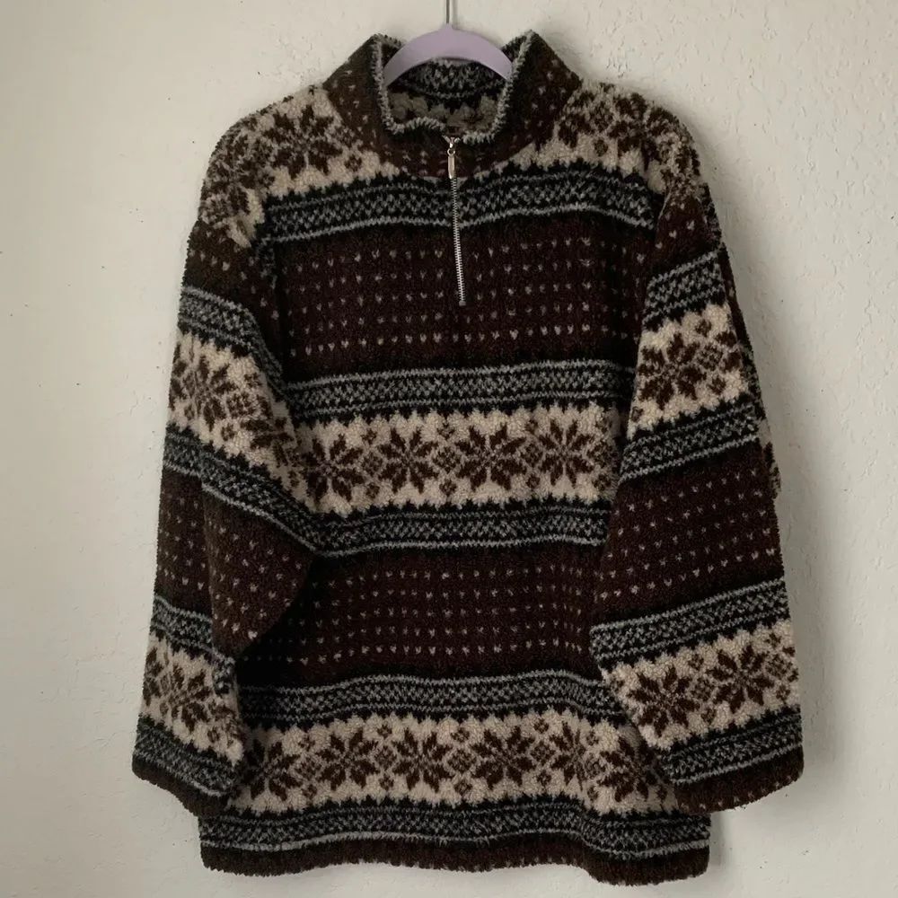 Essential Style Stand Collar 1/4 Zip Men's Brown /Cream Nordic Sweater Size L G
